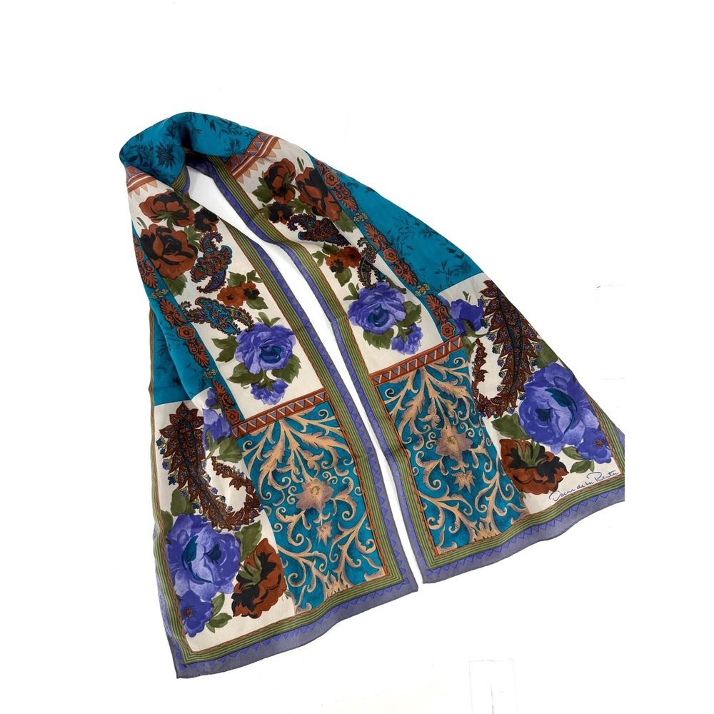 Oscar de la Renta Scarf Women OS Blue Floral Paisley Silk Vintage Luxury Chic - Picture 2 of 7